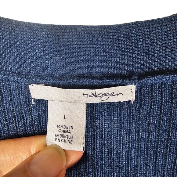 Halogen Merino Wool Blend Long Ribbed Cardigan L Teal Pockets Side Slits Relaxed - Picture 3 of 9